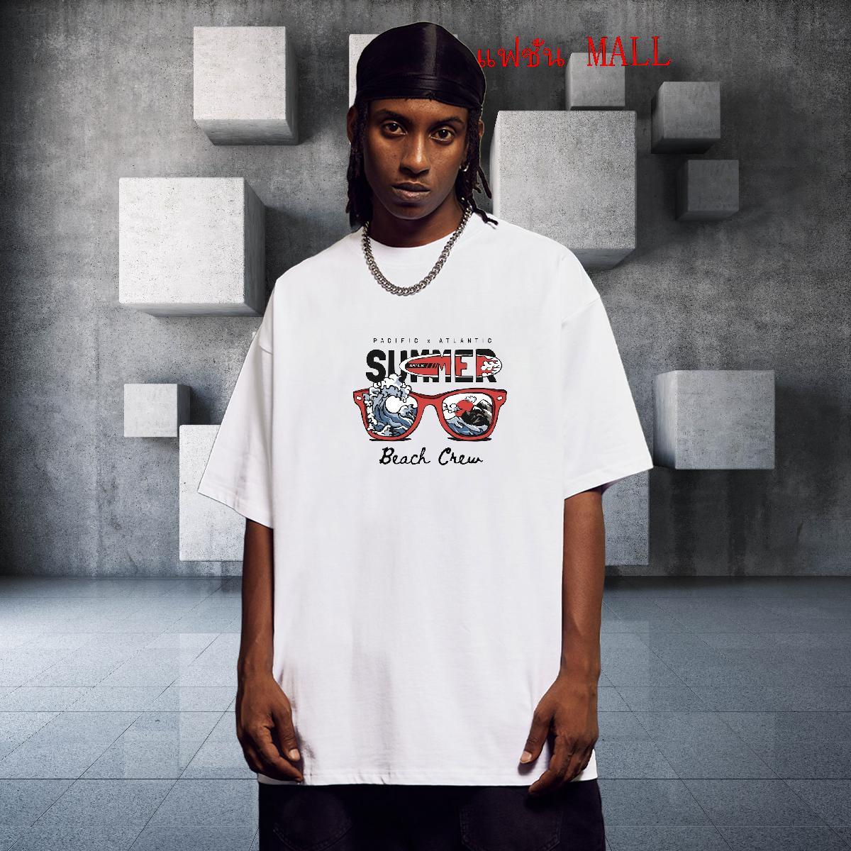 Loose Fit Men Tees High Street Hip Hop 230g Cotton White Plus Size Crew Neck sea wave T Shirts Men Customized Tops