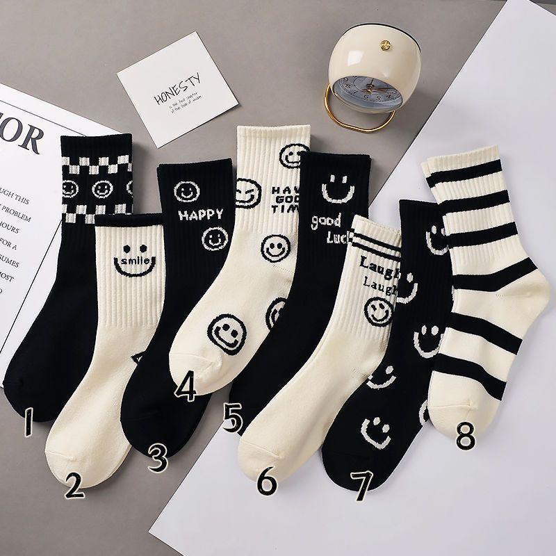 Stylish Mid-Thigh Black Tights for Kids with Whimsical White Smiley Design - Perfect Street College Style Accessory