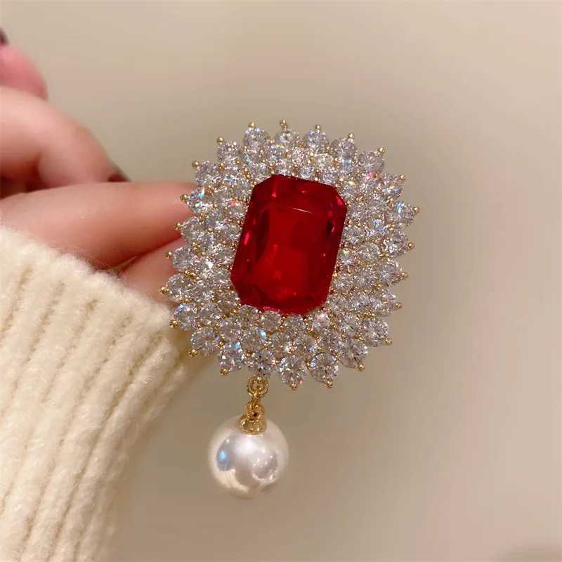 Ruby brooch womens luxury jewelry big gemstone lapel pin set dress accessories pearl pendant brooch anniversary gift W240815