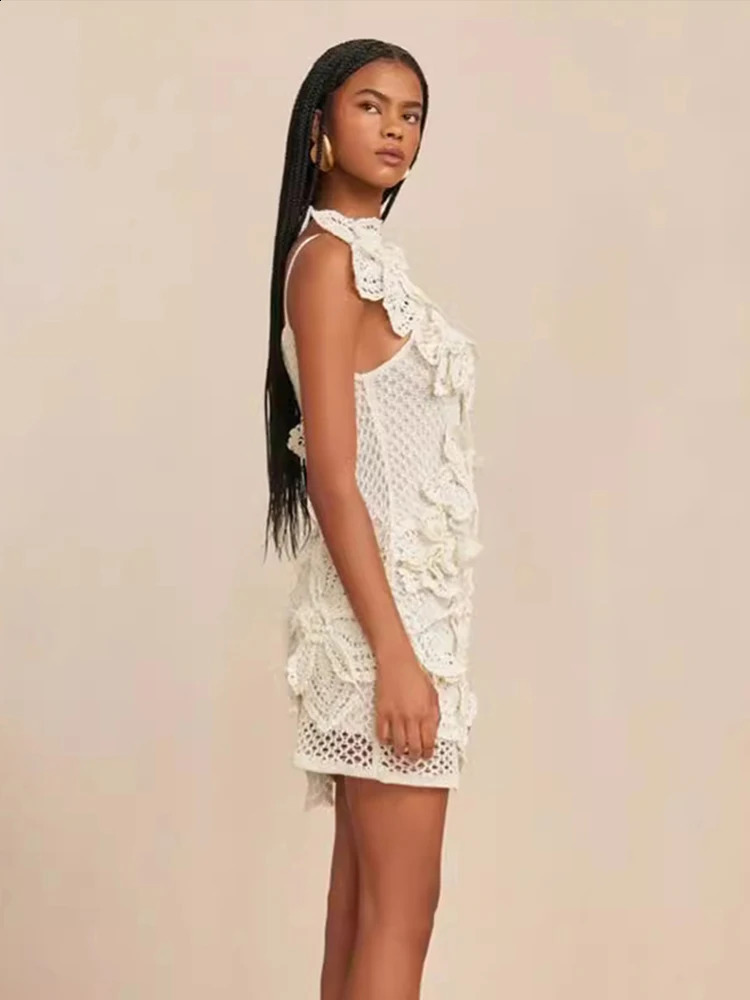 Beach Knit 3d Flowers One Shoulder Mini Dress Women Halter Sleeveless Backless Hollow Out Dresses 2024 Summer Lady Holiday Robes 240814