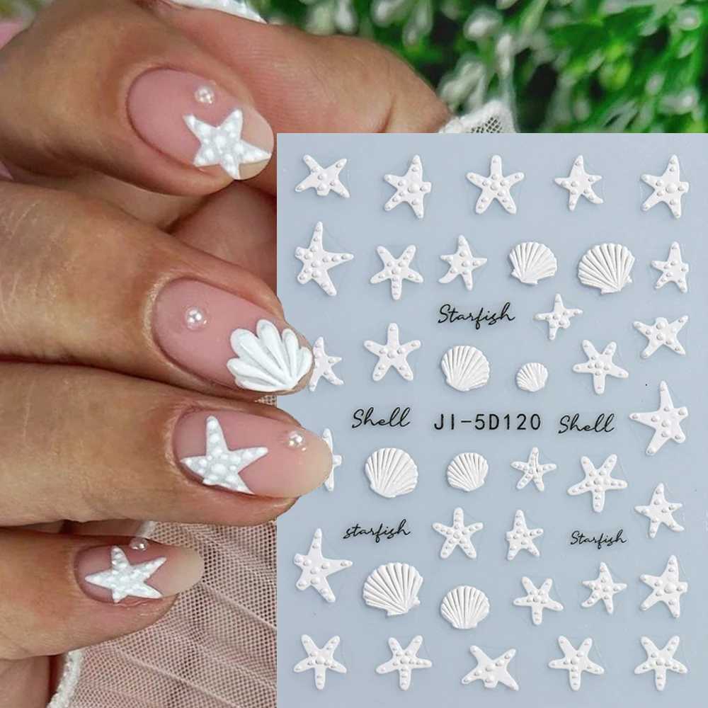 5D Embossed Summer Ocean Nail Stickers White Blue Starfish Shells Letter Sea World Design Self-Adhesive Manicure Deco GLJI-5D120XJ240814