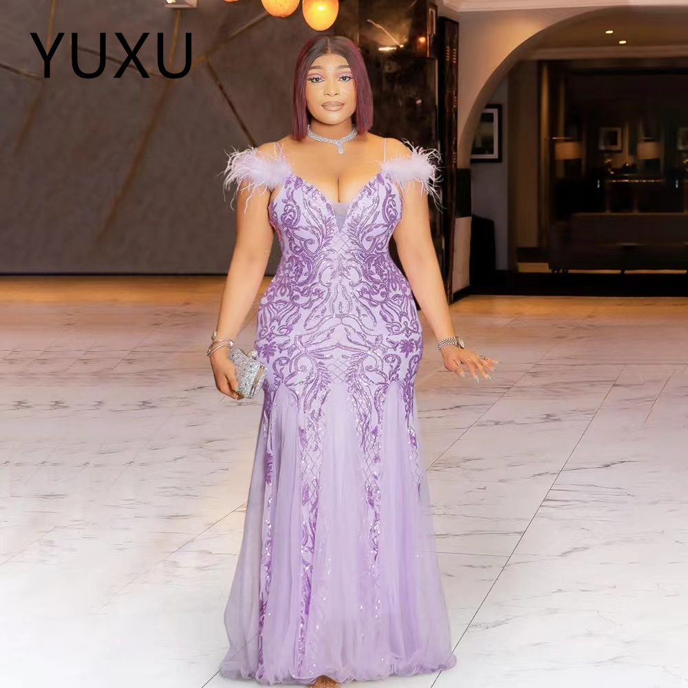 plus Size Aso Ebi Prom Dresses feather sequined Illusion Mermaid Long Sleeves Lace Tulle Evening Formal Dress for Special Occasions Birthday Party Gow
