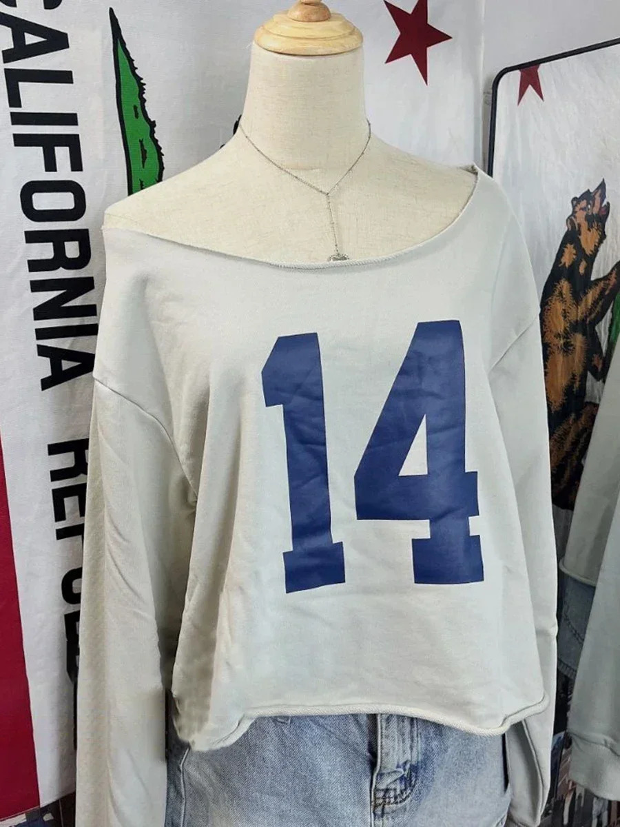 Womens 14 printed oversized long sleeved crop top autumn exclusive collar raw hem cotton loose cut Tshirt 240814