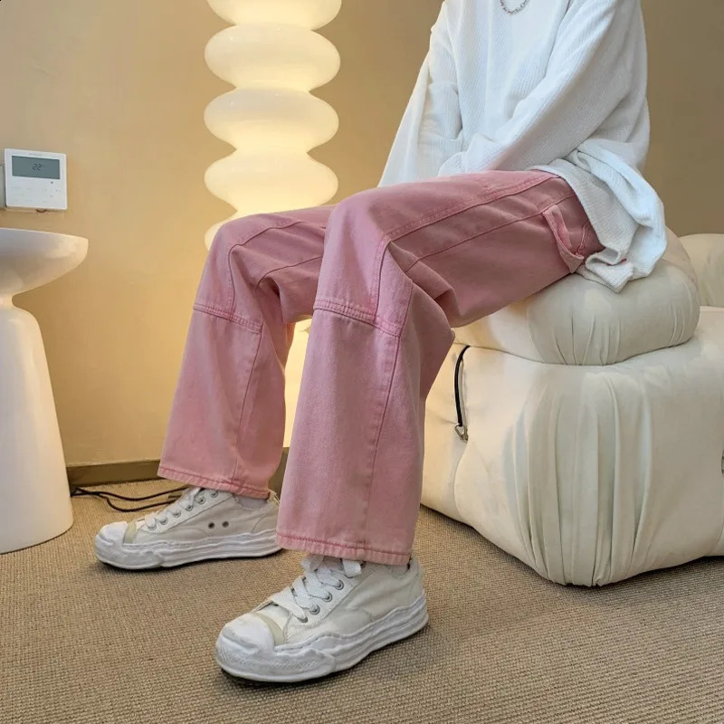 Cargo Pink Jeans Men Fashion Harajuku Casual Baggy Straight Jeans Men Streetwear Loose Hip Hop Denim Pants Mens Trousers S-3XL 240814