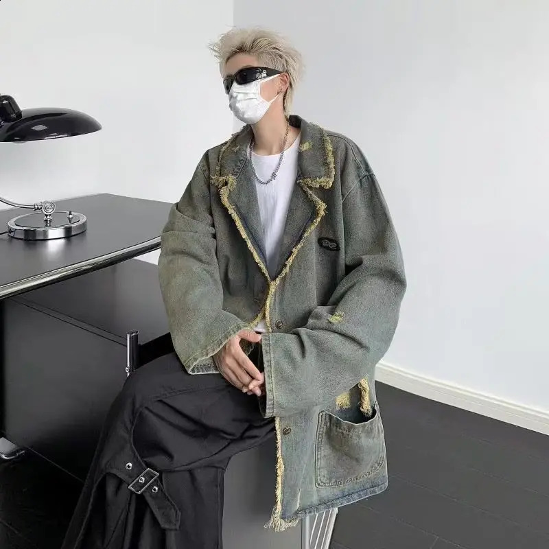 American Vintage Denim Coat Men Women Distressed Broken Hole Tassel Tailored Collar Jeans Wear Spring Autumn Loose Long Jacket 240814