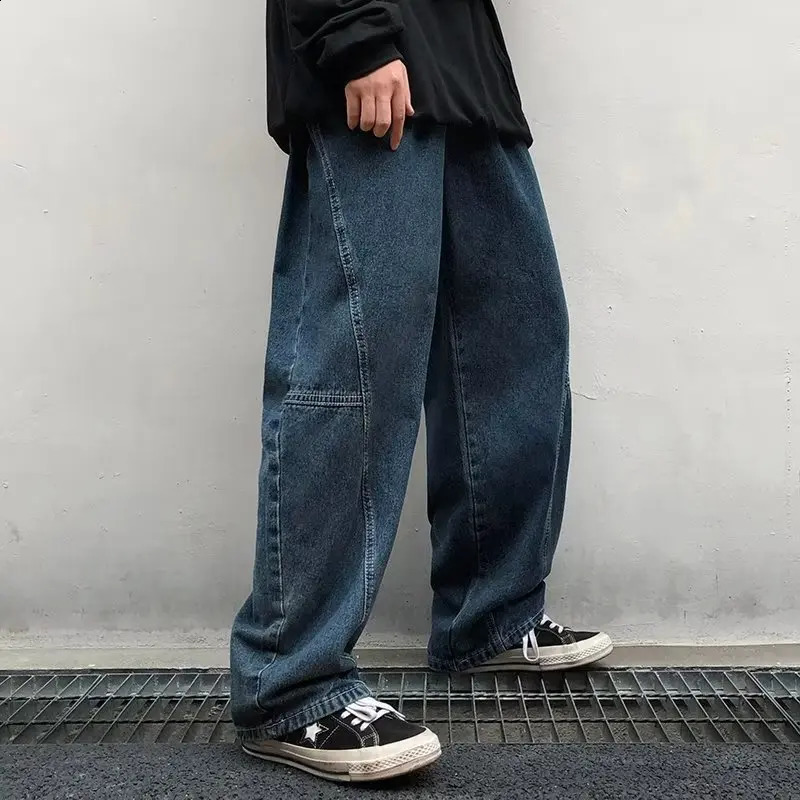 Japanese Oversized Jeans Mens Fashion Baggy Solid Color Casual Stitching Trousers Street Straight Harajuku Denim Pants 240814