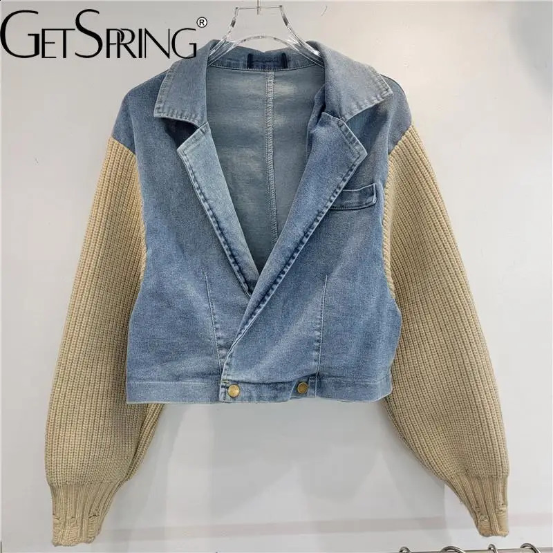 GetSpring Women Denim Jacket 2024 Autumn Suit Collar Knitted Sleeve Stitched Short Denim Coat Fashion All Match Blue Jean Tops 240814