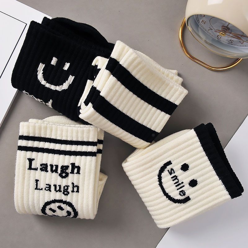 Stylish Mid-Thigh Black Tights for Kids with Whimsical White Smiley Design - Perfect Street College Style Accessory