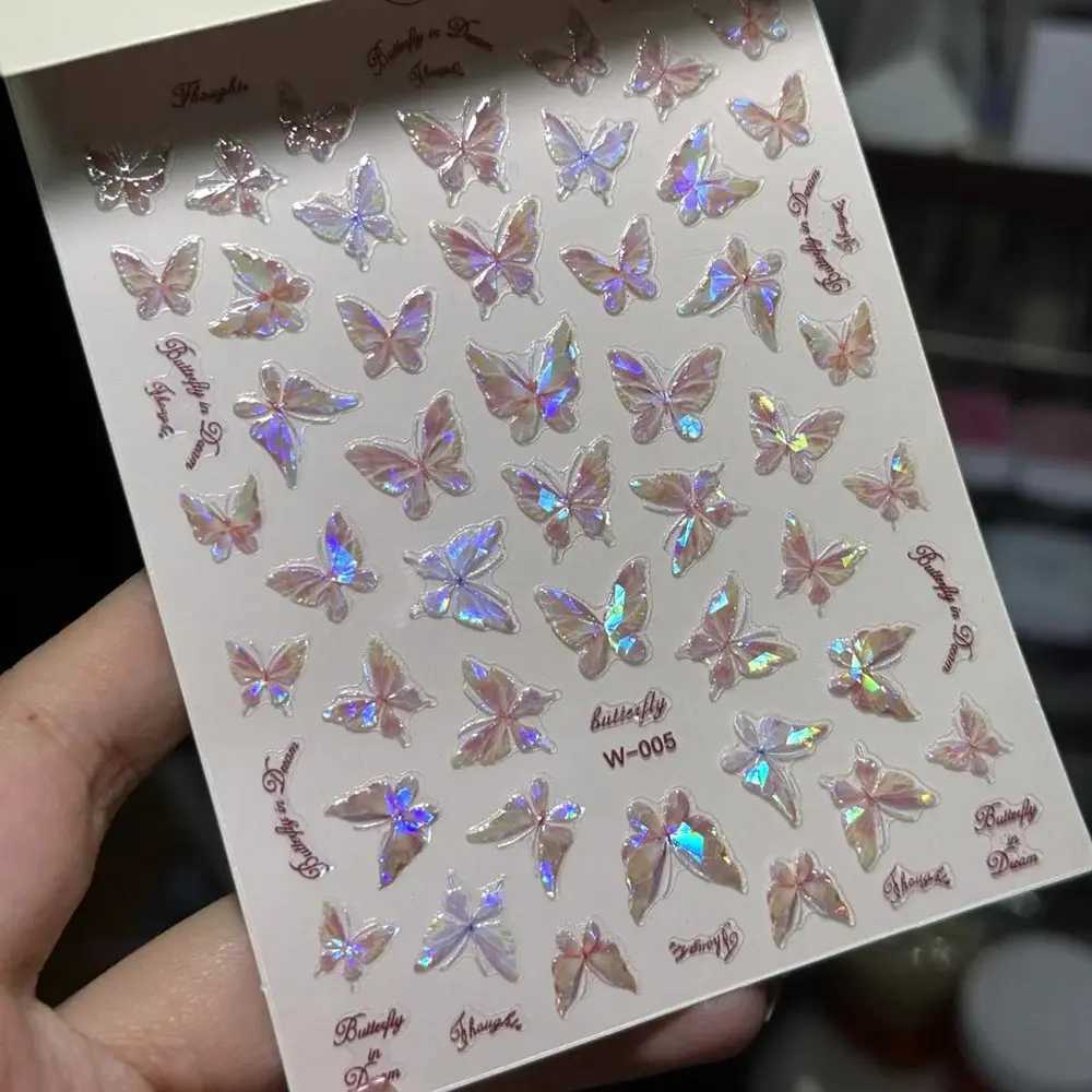 Pink Purple Aurora Shell Butterfly Nail Stickers Shiny Laser 3D Butterflies Nail Decals 8*10cm Adhesive Aurora Shell Butterfly NXJ240814