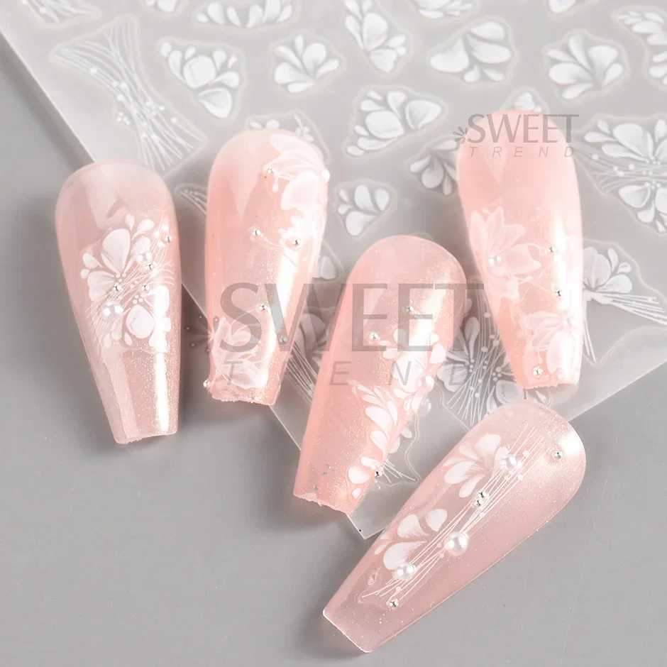 White Lace Flower Nail Art Sticker Acrylic Floral Charm Adhesive Sliders Elegant Wedding Bride Simple Line Design Manicure DecalXJ240814
