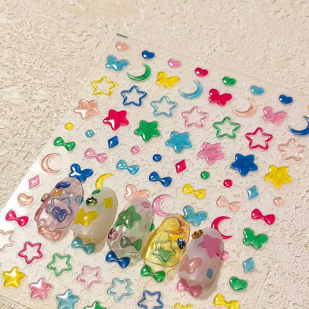 1pc 5D Stars Jelly Nail Sticker Y2K Lovely Color Jelly Self Adhesive Nail Art Sticker Decals Cute Flowers Manicure Decals DecorXJ240814