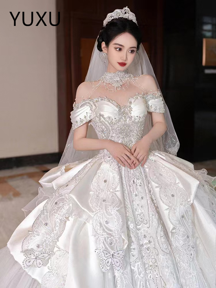 2024 Arabic Plus Size ball gown Wedding Dress Sheer Neck big sweep Train Bridal Gowns Dresses sequins Beading Sweep Train Long Sleeve Custom Made prin