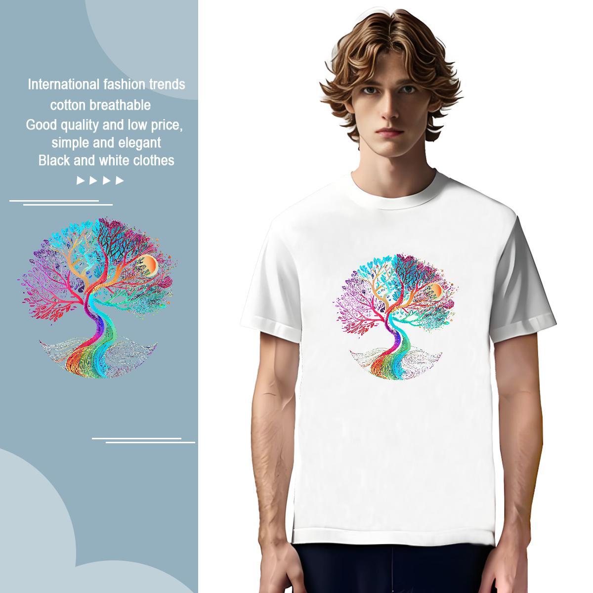 T Shirt For Man 230g Cotton tree Summer Casual Short Sleeve O-Neck White Plus Size Mens Tshirts Wholesale Soft Tee Shirt