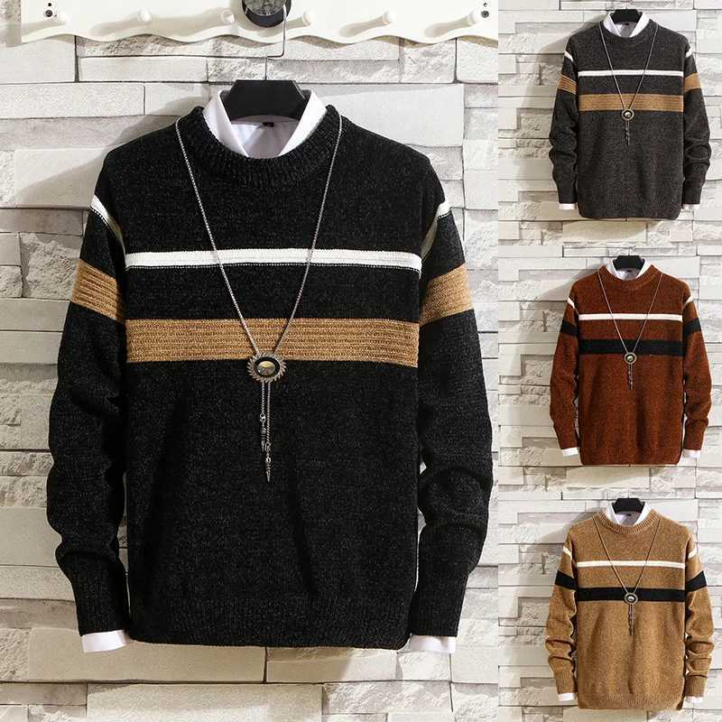 Autumn and Winter Sweaters Mens Round Neck Stripe Contrast Chenille Elastic Casual Versatile Solid Knit Pullover TopXJ240814