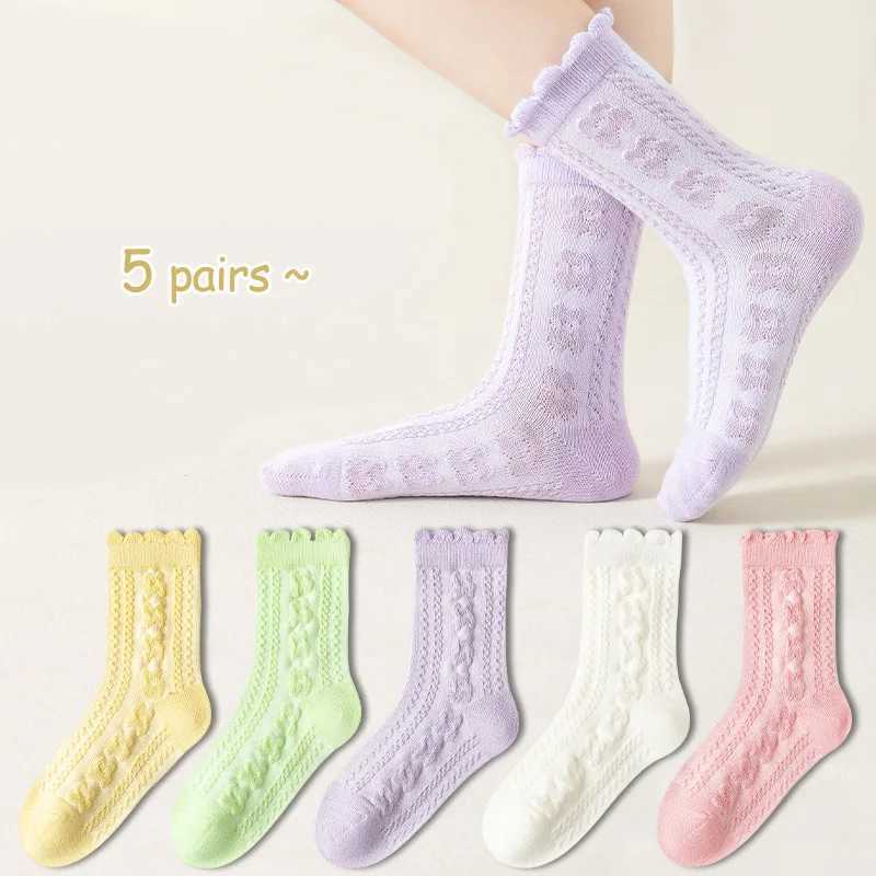 5 pairs of girls socks cotton mid tube socks solid color lace socks summer thin breathable socks childrens socks solid color sy W240814