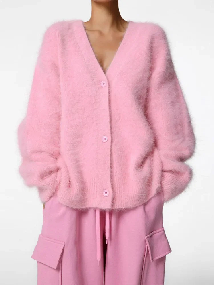 Sweet knitted thick cashmere wool womens cardigan chic single chest long sleeved sweater autumn and winter commuting bottom 240814
