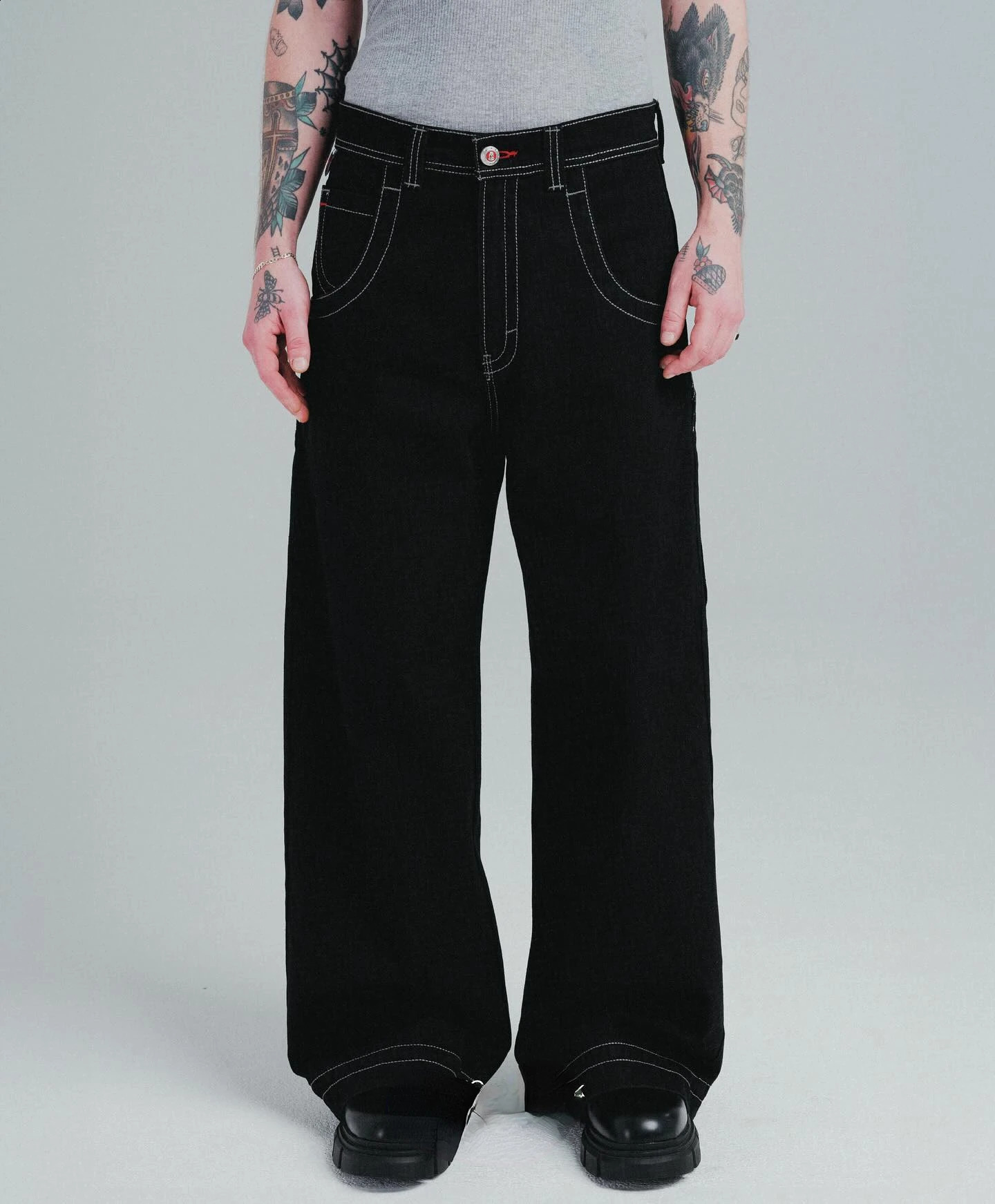 JNCO Big Rig Embroidery Baggy Black Jeans for Men Women Vintage Streetwear Big Pockets Straight Wide Leg Denim Pants Y2k 240815