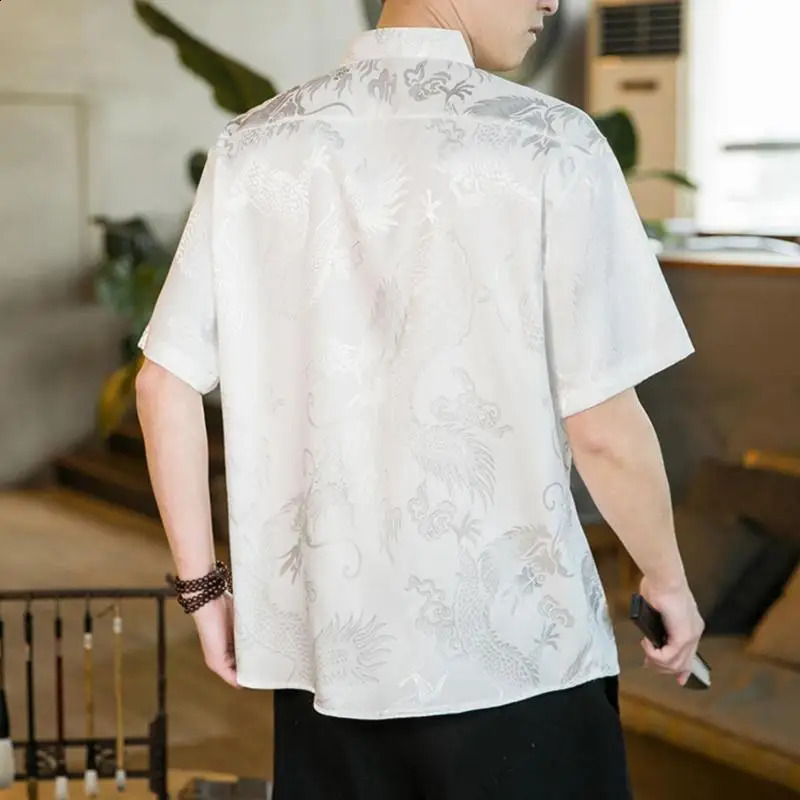 Men Shirt Mandarin Collar Short Sleeve Summer Oversize 5XL Plus Size Men Formal Black White Red Chinese Year Clothing Retro 240815