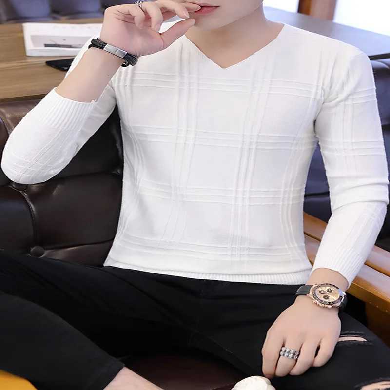 Mens New Fashion V-neck Solid Color Slim-fit Pullover Sweater Casual Long-sleeved Knitted ShirtXJ240814