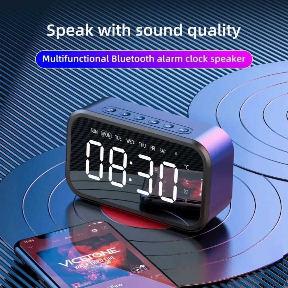 Rechargeable Digital Alarm Clock TEMP Week 3 Alarms FM Radio LED Table Clock Stereo Sound TF Card Playback Wireless SpeakerM240814