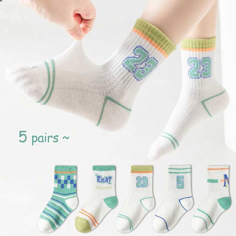 5 pairs of childrens socks girls mid tube socks large childrens boys socks summer fine mesh breathable cotton socks W240814