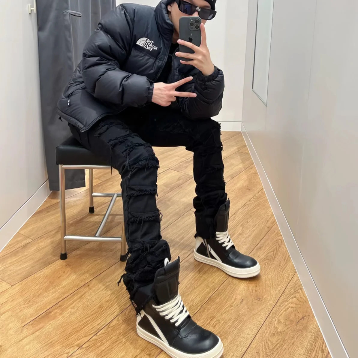 American style black erosion damaged rough high street jeans mens ins hip-hop fashion vintage skinny pants streetwear 240814