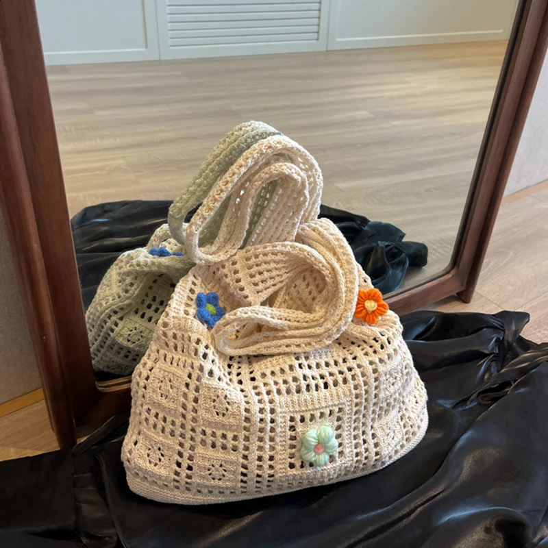 Women Crochet Tote Handbag Hollow Out Grocery Bag Solid Color Travel Shopping Ladies Daily Shoulder 240814