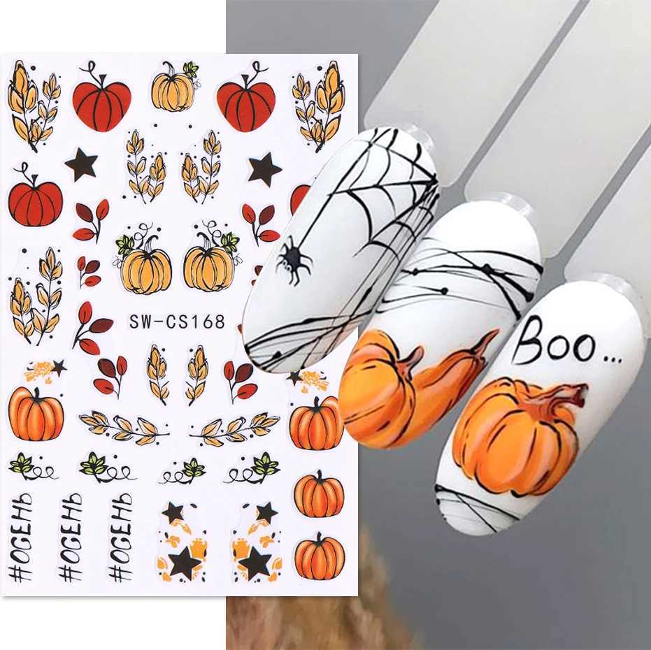 3D Autumn Pumpkin Nail Sticker Fall Leaf Slider Halloween Scorpion Cherry Spider Web Ghost Decal DIY Manicure Art Decoration TipXJ240814