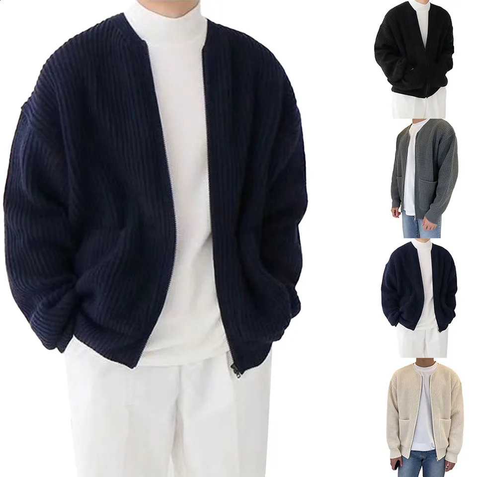 Men Zip Up Knitted Cardigan Lined Funnel Neck Jumper Sweater W Pockets Coat All Seasons Comfortable Soft Long Sleeve 240816