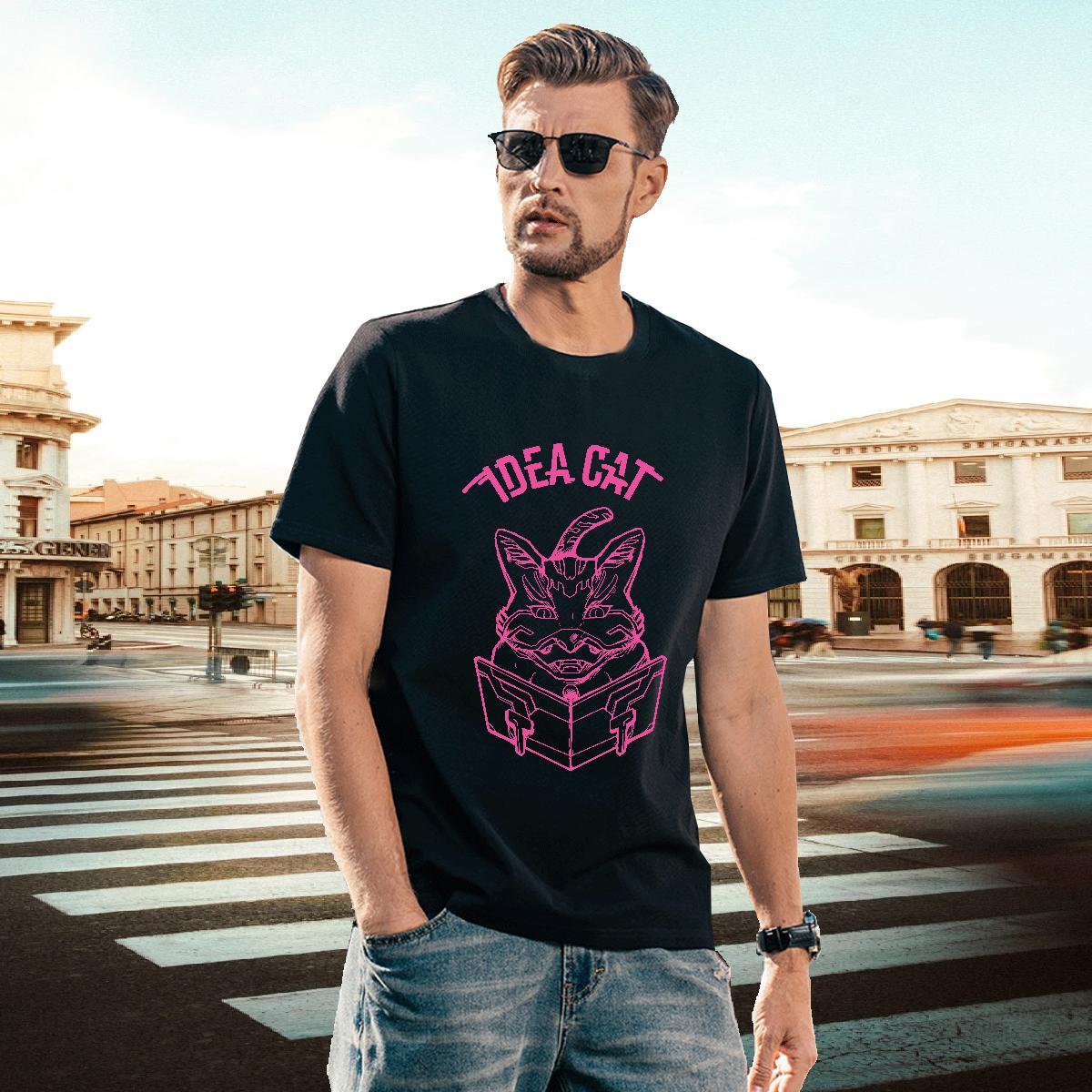 Comfortable T Shirt For Man cat Crew Neck Hip Hop Black White 230g Cotton Men Tshirts 2024 Clothings