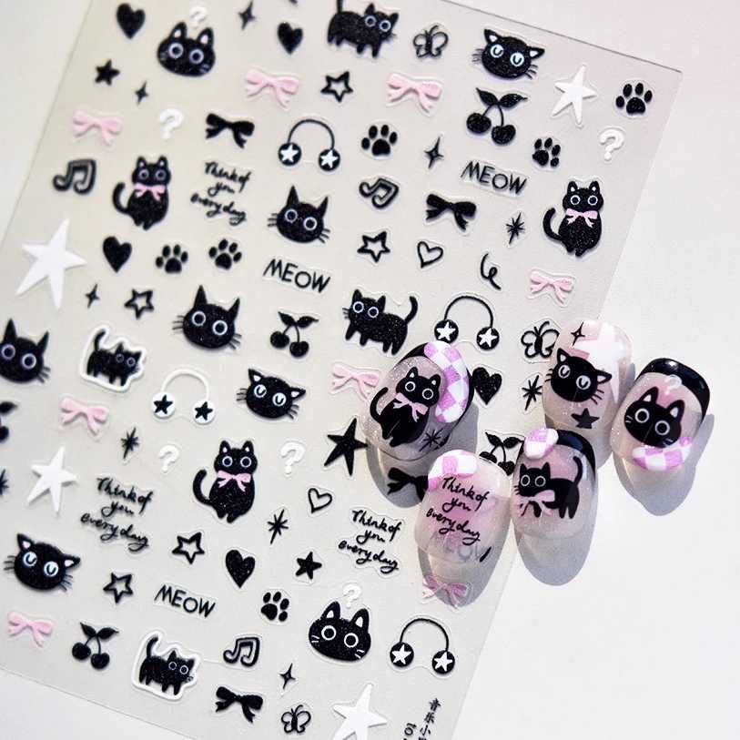 Black Cat Paw Prints Bowknot Love Heart Cherry Meow Music Kitty Star Egyptian Fish Totem Pharaoh Nail Art Sticker Manicure DecalXJ240814