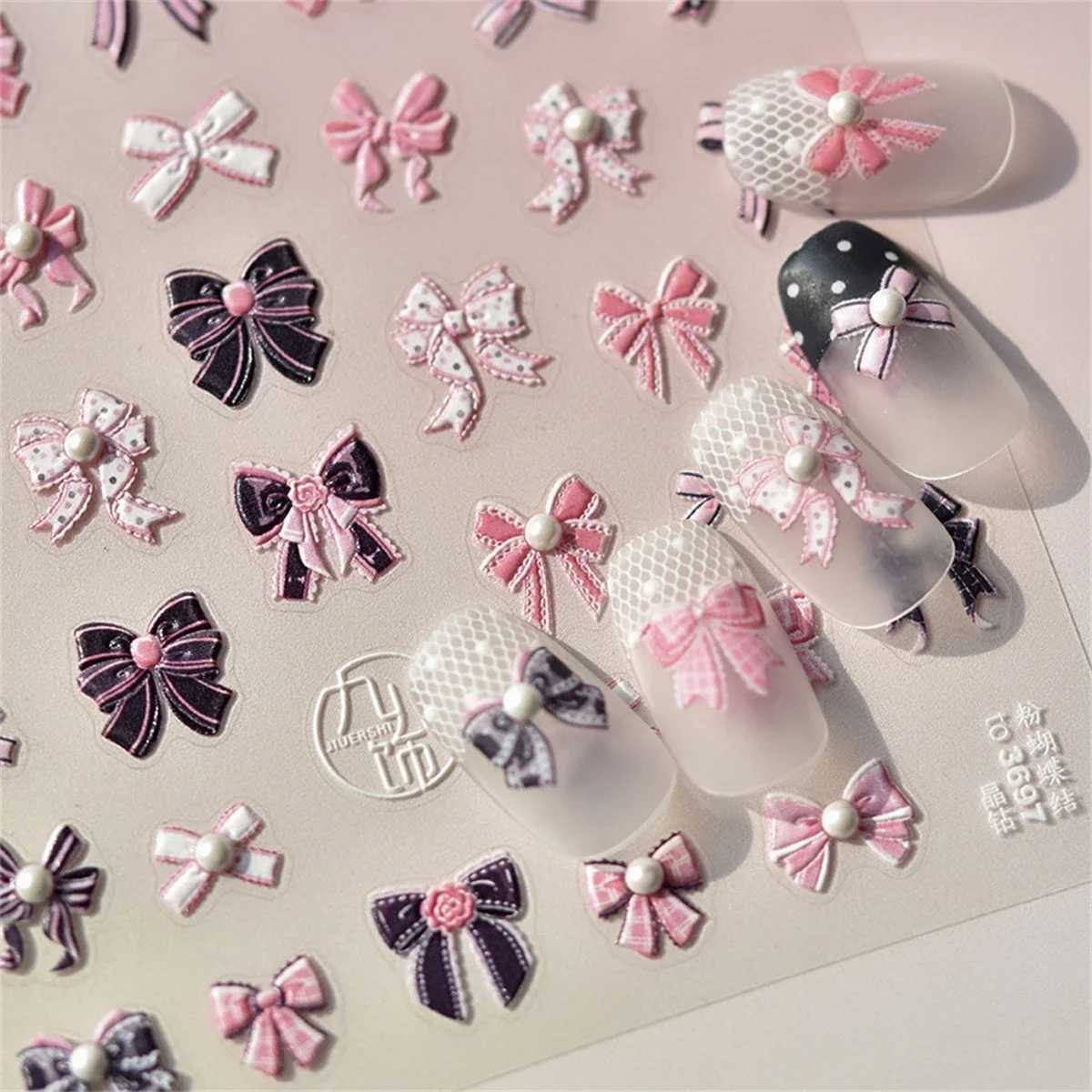 1pcs 5D Kawaii Exquisite Pink Bow Nail Sticker Japanese Colorful Small Ribbon Adhesive Decals Nail Art Decoration DIY AccessoryXJ240814