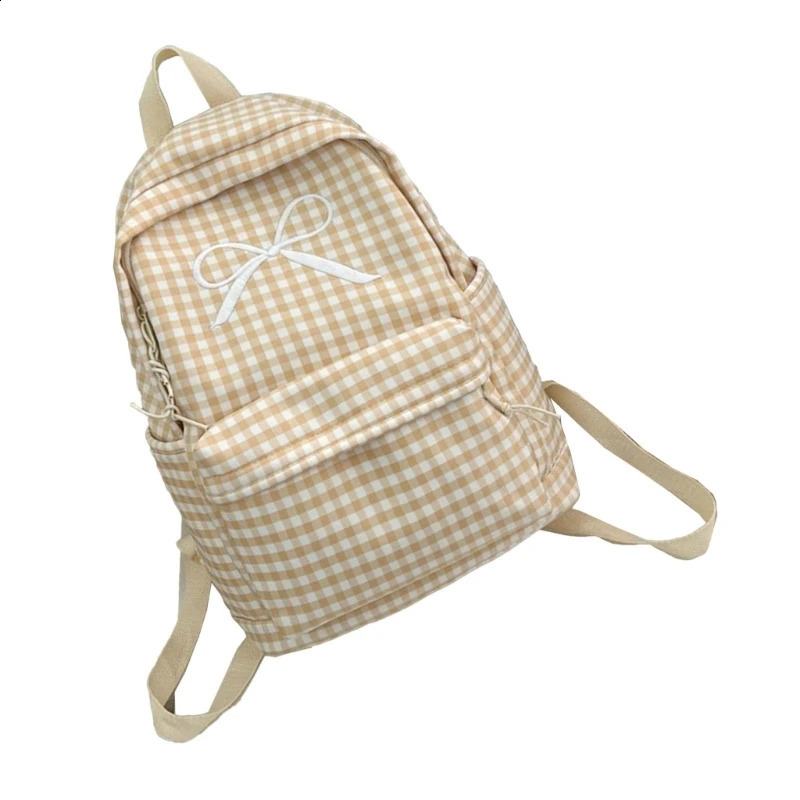 E74B Japanese Style Women Checkered Pattern Backpack Large Capacity Cute Bowknot School Bag Book Bag for Everyday Use 240813