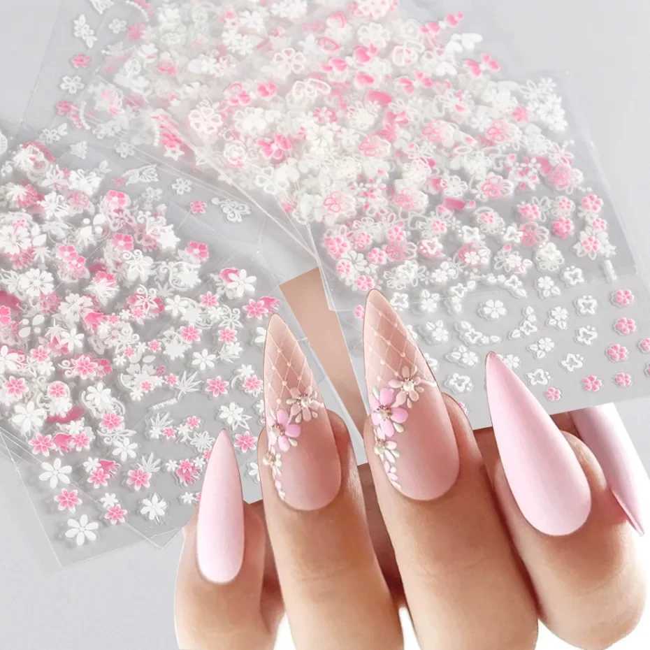 30Pcs Pink White Flowers Nail Sticker Set Sakura Cherry Cute Floral Decals Heart Moon Butterfly Sliders Nail Charms LA3D30set-01XJ240814