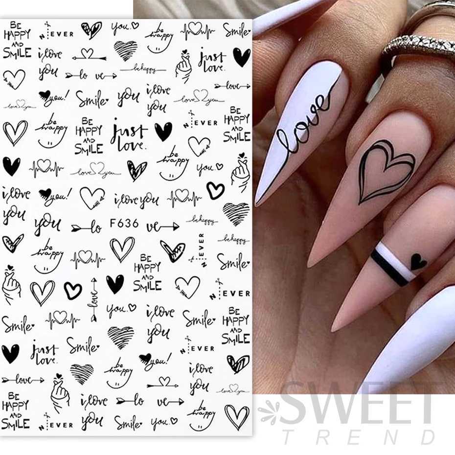 3D Love Heart Nail Sticker Valentines Day Nail Art Decoration English Letter Sliders Geometric Decal DIY Manicure Design TipsXJ240814