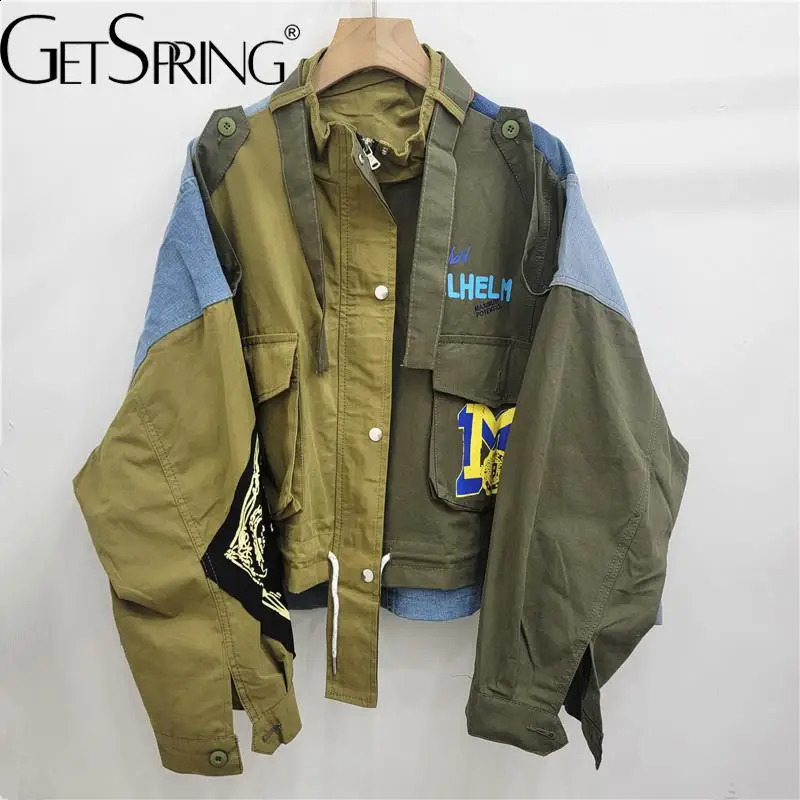 GetSpring Women Jacket 2024 Autumn Fashion Loose Casual Denim Stitched Full Sleeve Patchwork Letter Army Green Short Coat 240814