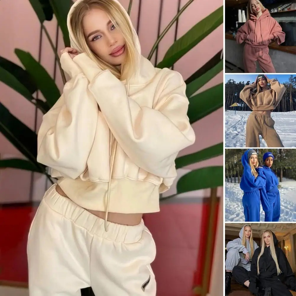 Women Solid Color Tracksuit Casual Warm Long Sleeve Sweatshirt Jogger Pants Two Piece Sets Winter HoodiesPants Sport Suits 240809