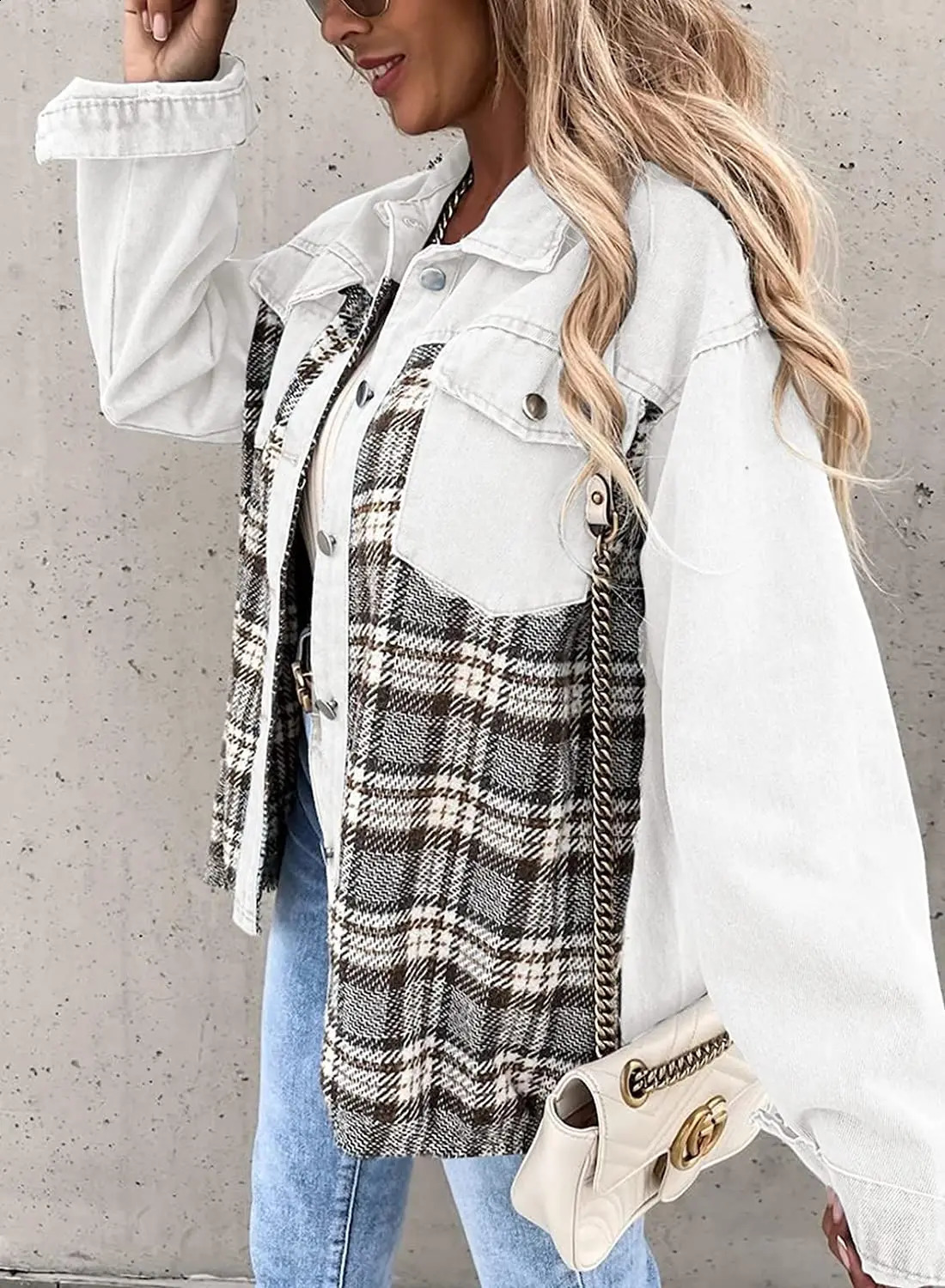 Womens Denim Jacket Long Sleeve Jean Top Plaid Button Down Shacket Jacket Fashion 240814