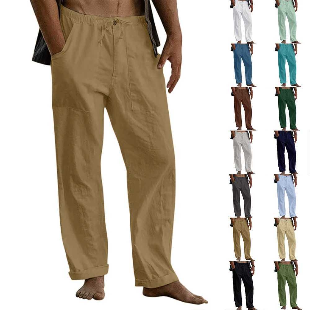 Mens cotton linen pants with elastic waist multiple pockets wide legs mens casual thin drawstring pantsW240725