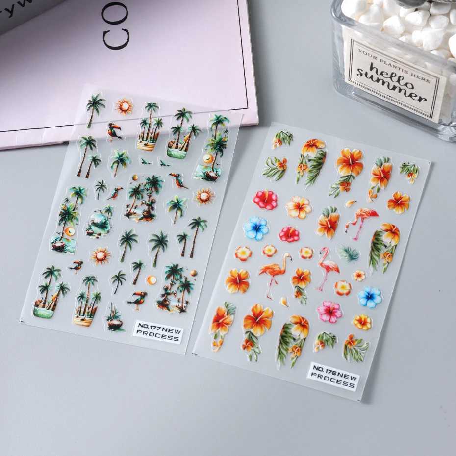 Green Coconut Tree Beach Nail Sticker Tropical Flamingo Flower Leaf Summer Nail Art Decals Adhesive Sliders Decorations ManicureXJ240814