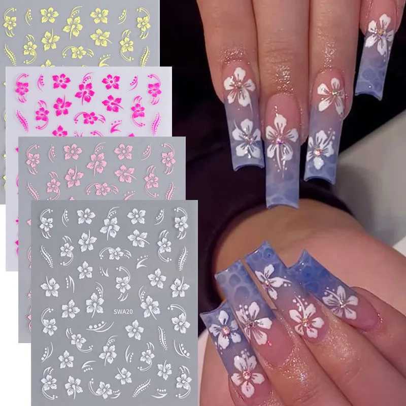 5D Hibiscus Flower Nail Embossed Sticker Acrylic Pink White Gold Petal Leaf Adhesive Decal Butterfly Dragon Floral Elegant DecorXJ240814