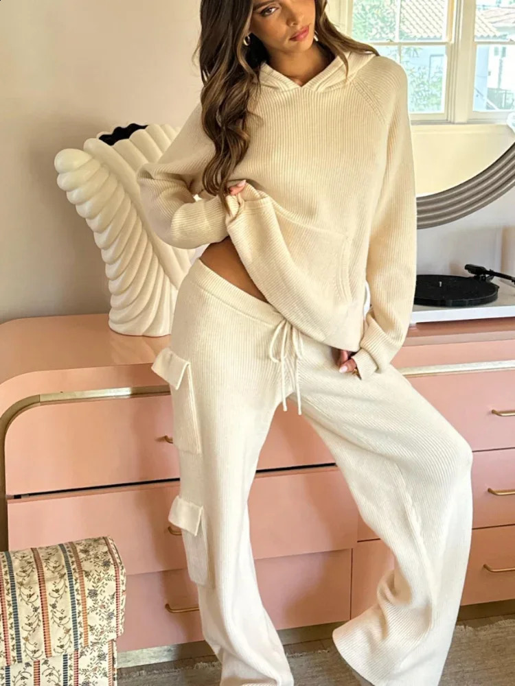 Women Rib Knit Pocket Round Neck Sports Casual Hoodies Set Fashion Straight Pants Elastic Waist Suit 2024 Lady Casual Streetwear 240814