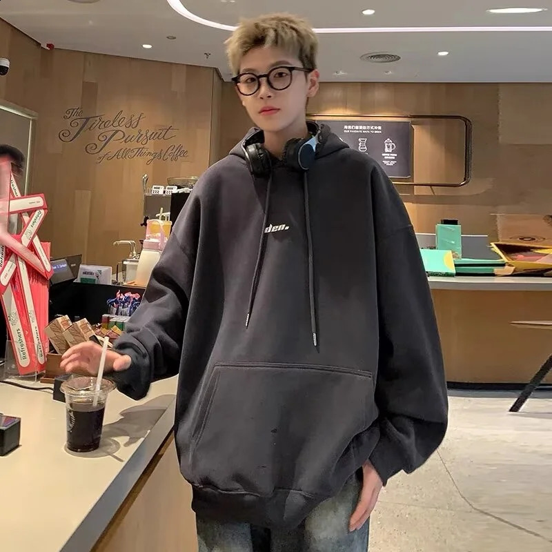 Korean Fashion Dark Grey Fleece Hoodies Men Letter Print Simple Baggy Hoody Sweatshirt Harajuku Streetwear Y2K Hoodie 240815
