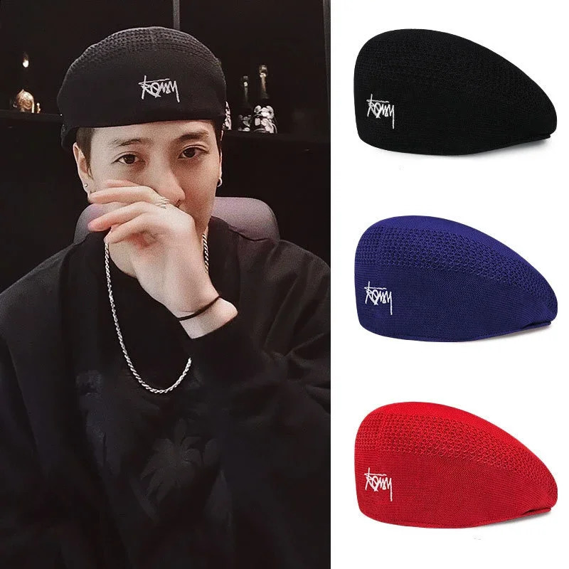 Summer Mesh Berets for Men and Women Handmade Knitted Thin Breathable Fashion Beanie Hats Navy 240812