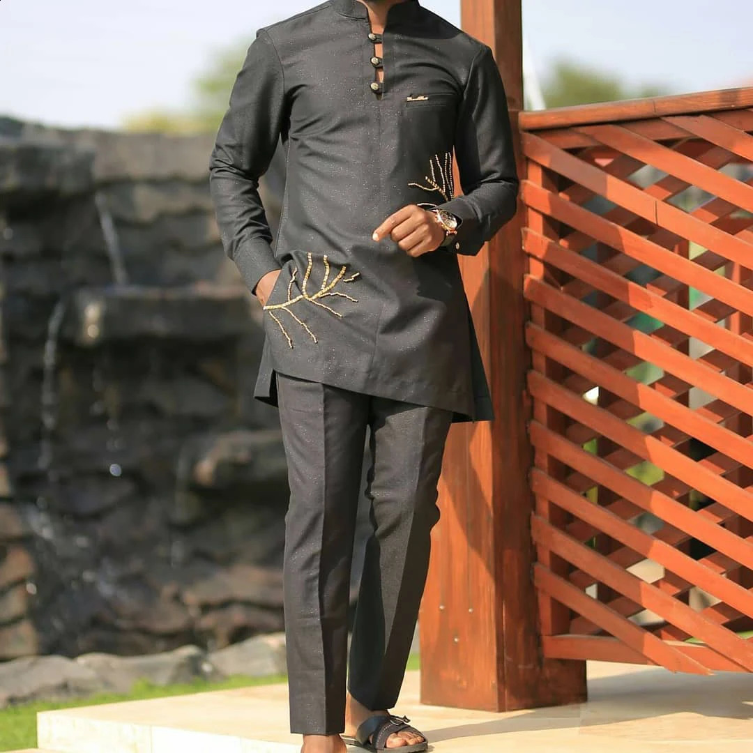 Dashiki African Mens Clothing Solid Color Shirt Pants Mens Suit 2 Sets Of Long Sleeve Clothing Wanquet Wedding Casual Scene 240814