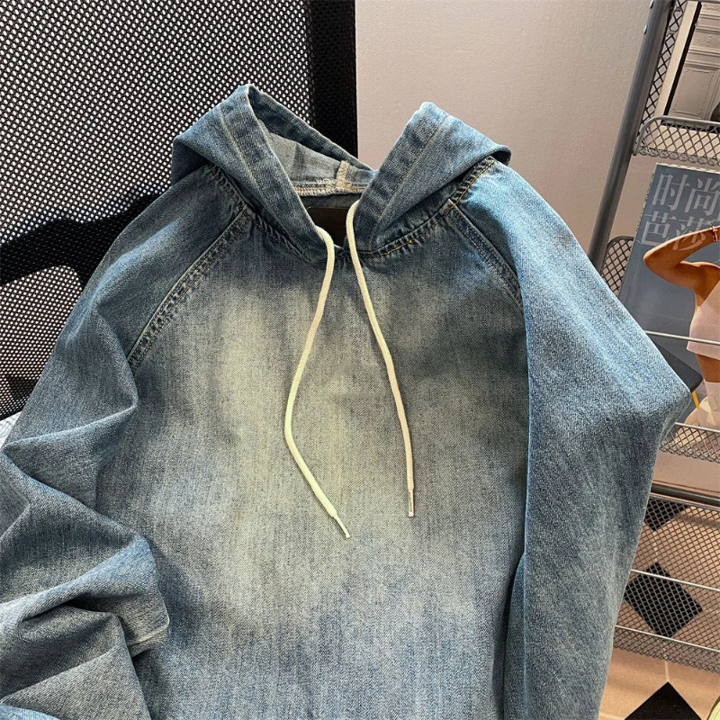 Retro Casual Denim Jacket Womens Fashion Korean Sweatshirt Hooded Loose Sleeve Street Apparel Coat Y2k Top Ropa Mujer 240815