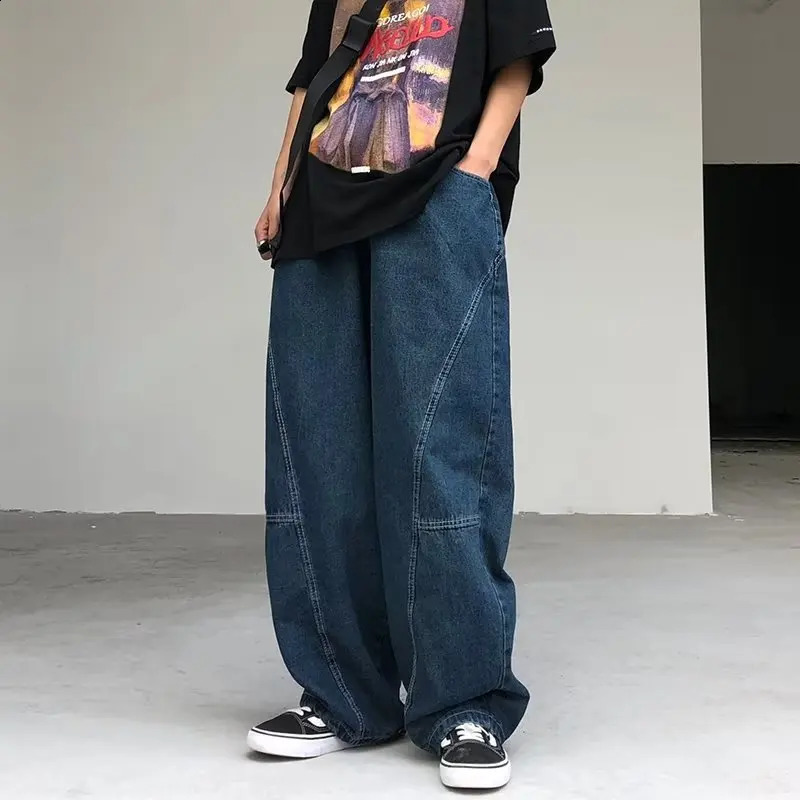 Japanese Oversized Jeans Mens Fashion Baggy Solid Color Casual Stitching Trousers Street Straight Harajuku Denim Pants 240814