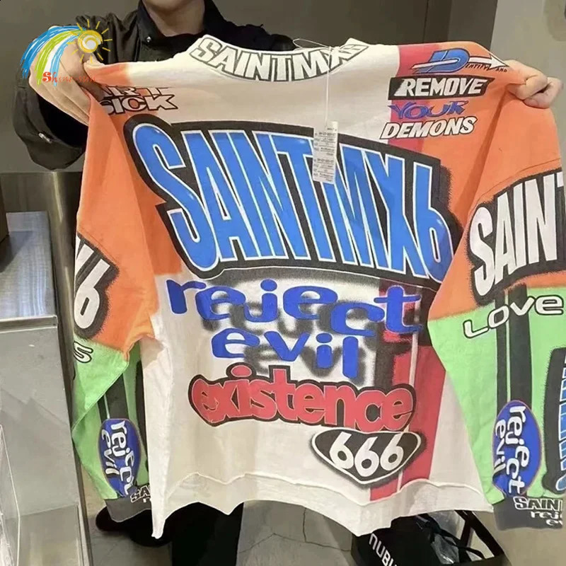 Hip Hop Letter Graffiti Saint MOTOCLOSS Long Sleeve Tshirt for Men 1 Label Top High Quality Cotton Oversized 240815