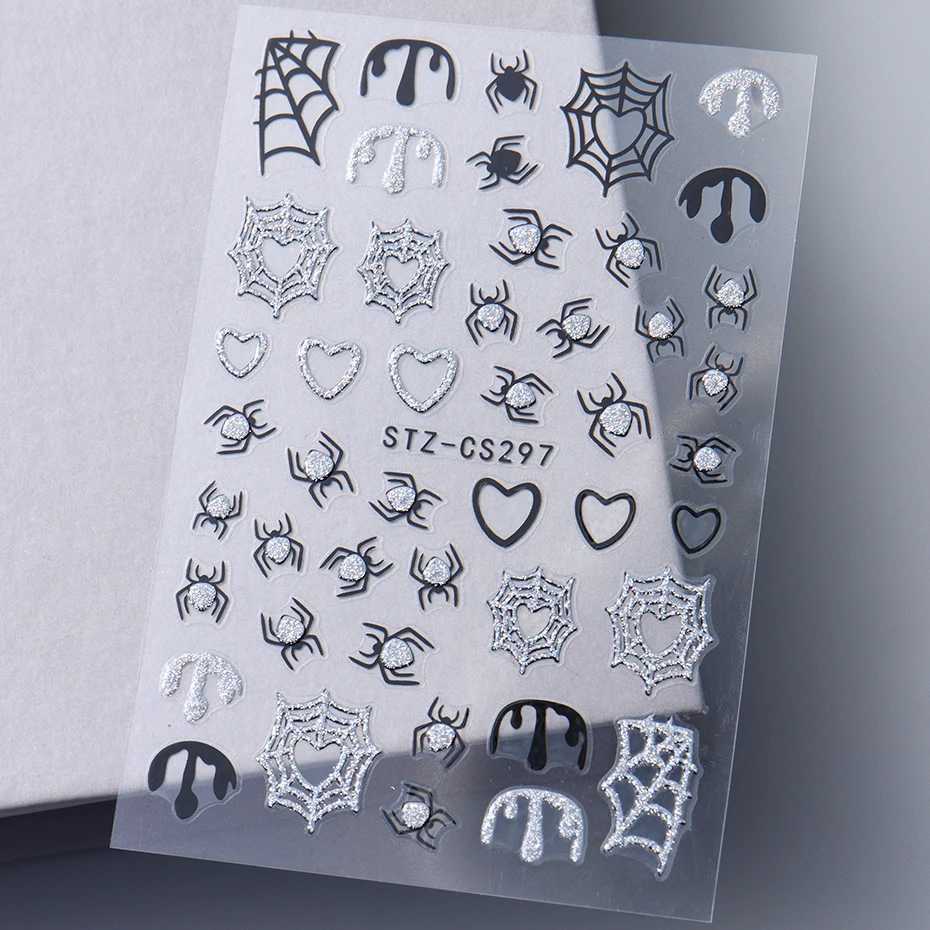 Spider Web Silver Glitter Nail Art Stickers Decals Self-Adhesive Spider Love Heart Shimmer 3D Halloween Nail Stickers SuppliesXJ240814