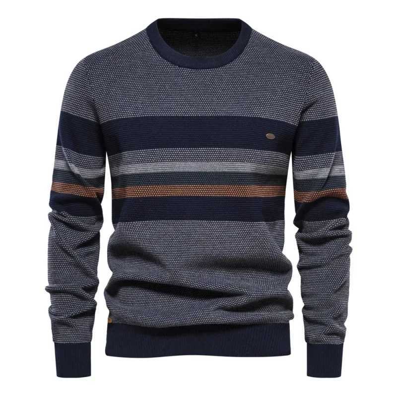 2023 Autumn Retro Long Sleeved Mens Sweater Slim Fit Round Neck StripeXJ240814